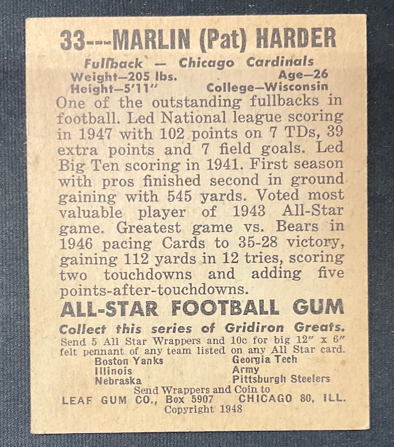Marlin Harber 1948 Leaf #33 Chicago Cardinals EX、Collector Store LLC、kayou