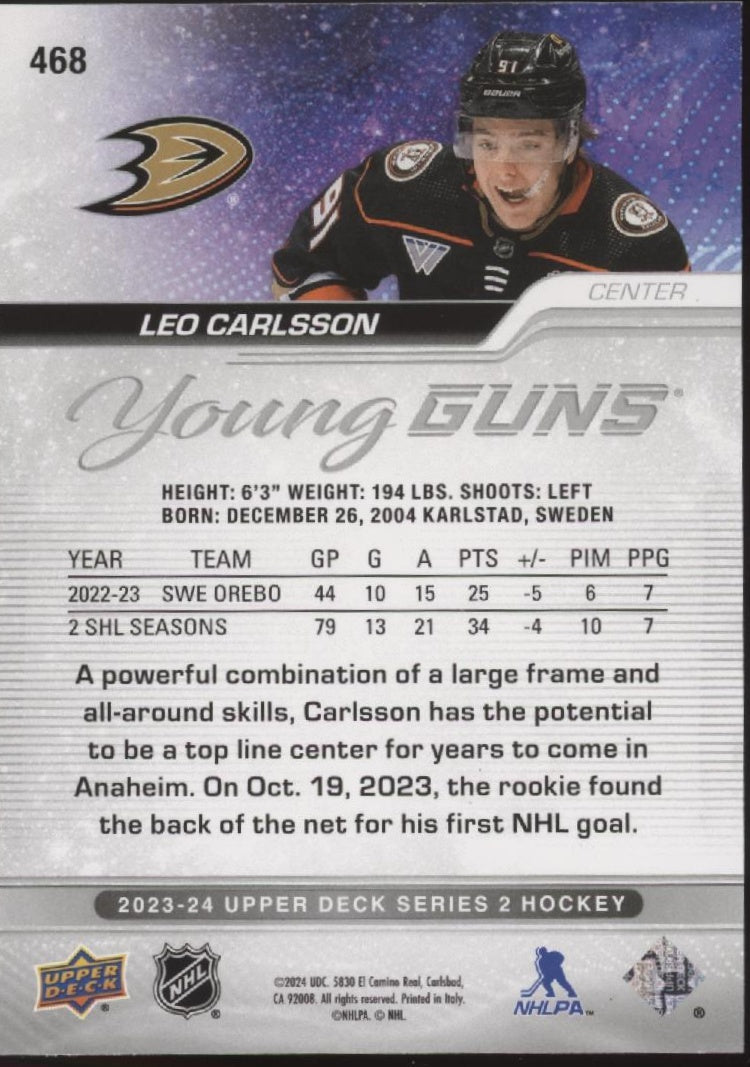 Leo Carlsson 2023-24 Upper Deck Series 2 Young Guns RC #468、Collector Store LLC、kayou