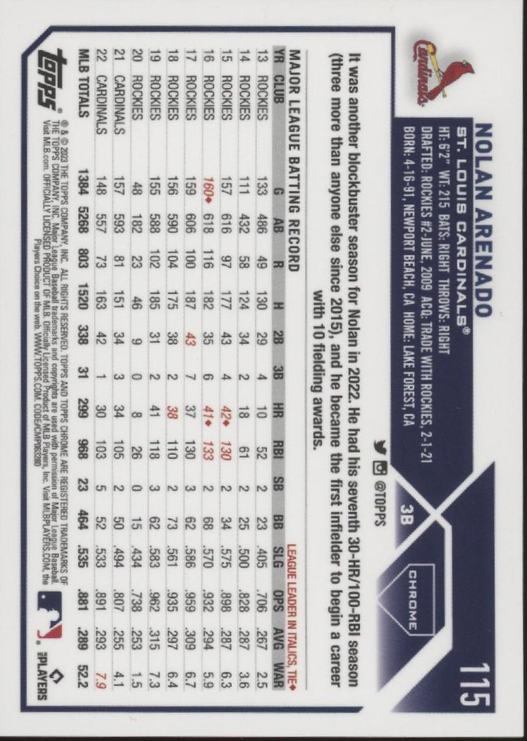 Nolan Arenado 2023 Topps Chrome Gold Logo Refractor 62/75 #115、Collector Store LLC、kayou