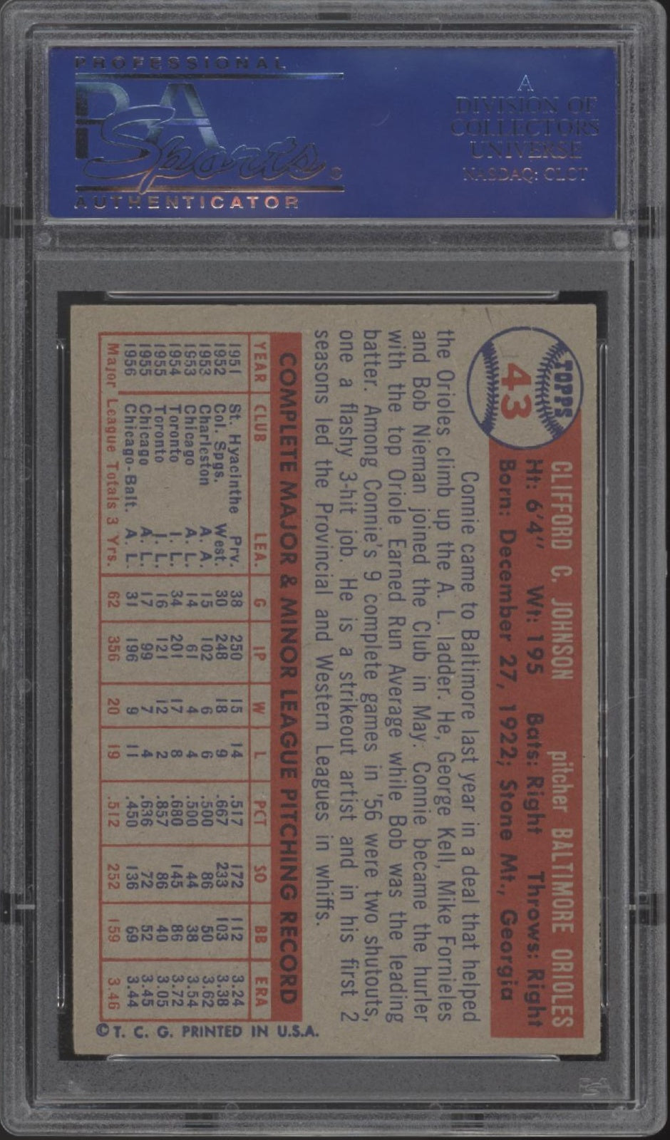 Connie Johnson 1957 Topps #43 PSA 7、Collector Store LLC、kayou