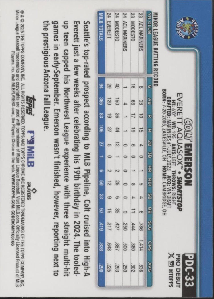 Colt Emerson 2025 Topps Chrome Pro Debut Green Refractor 54//99 #PDC-33、Collector Store LLC、kayou