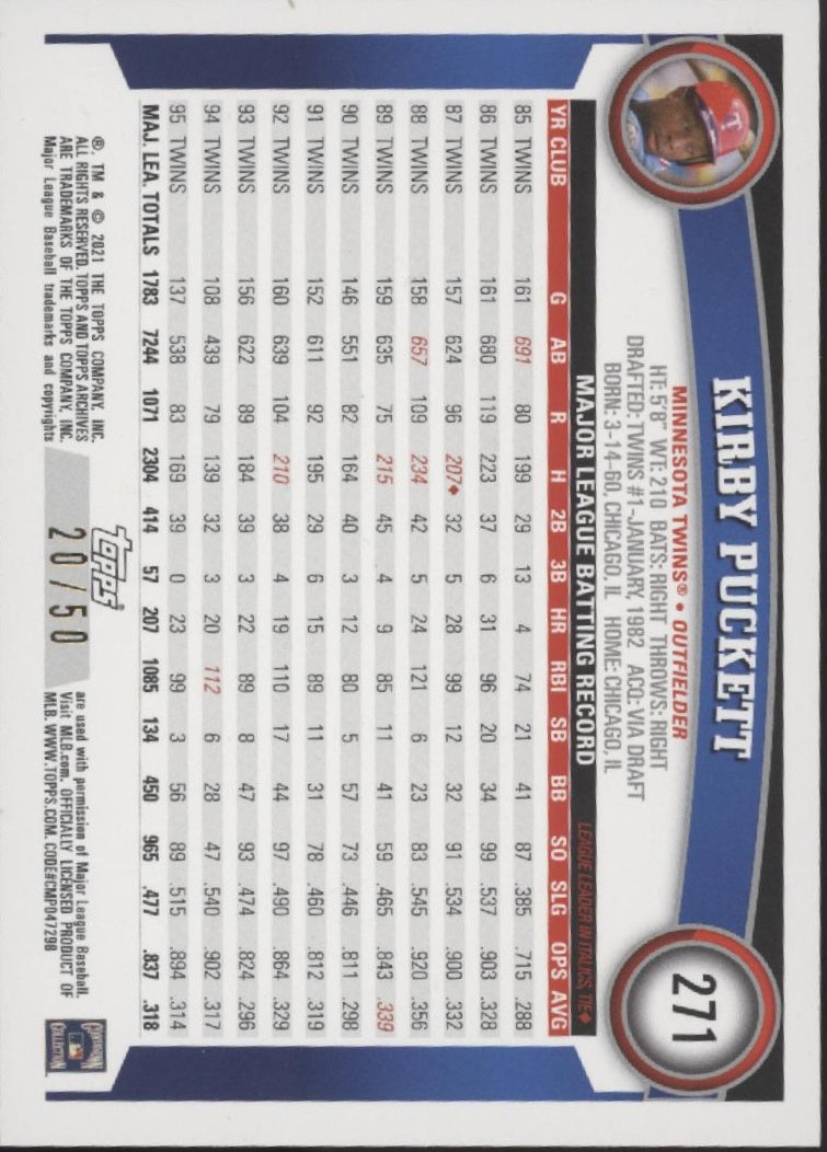 Kirby Puckett 2021 Topps 70 Years Red 20/50 #271、Collector Store LLC、kayou