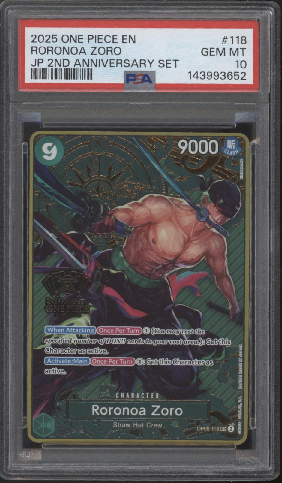 Roronoa Zoro One Piece Card Game JP 2nd Anniversary Set #118 PSA 10、Collector Store LLC Gaming、kayou