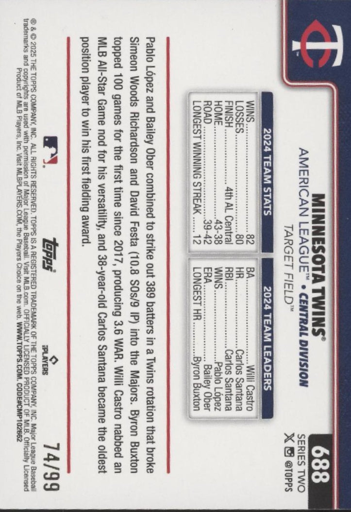 Minnesota Twins 2025 Topps Series 2 Value Box Holiday Hot Dog Holo 74/99 #688、Collector Store LLC、kayou