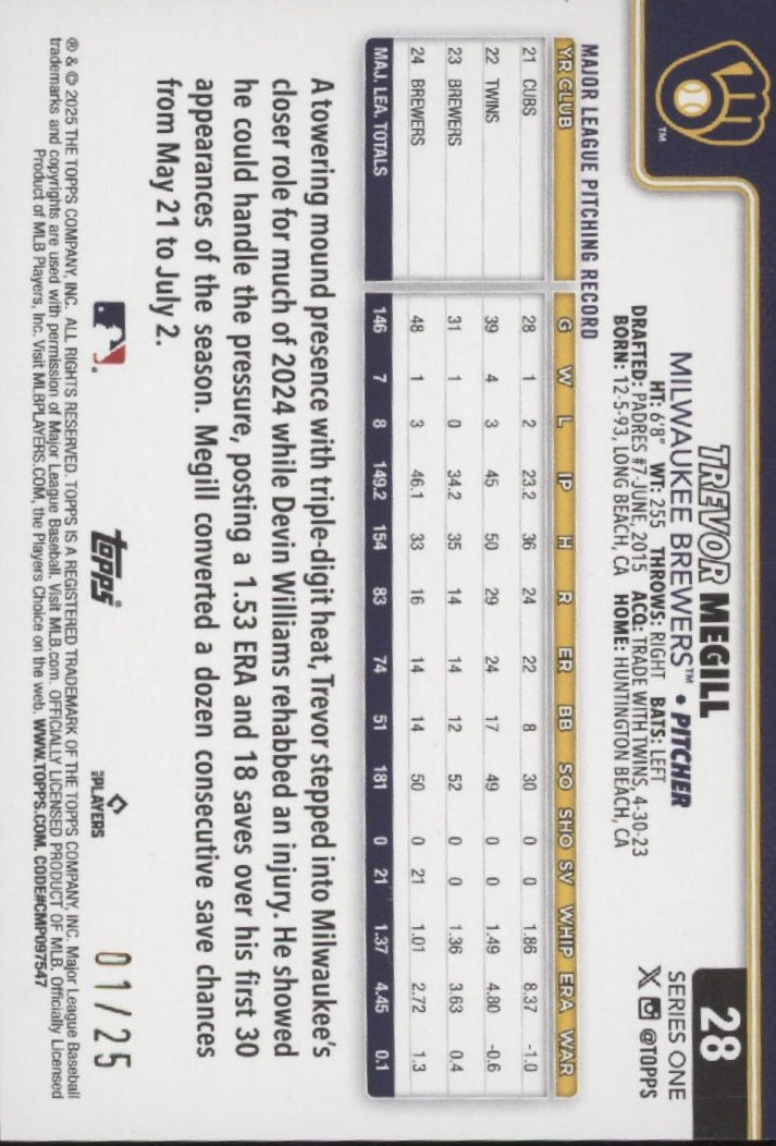 Trevor Megill 2025 Topps Series 1 Orange Diamante 01/25 #28、Collector Store LLC、kayou