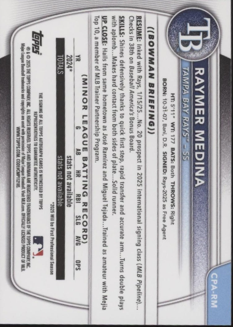 Raymer Medina 2025 Bowman Chrome Prospects Blue Refractor Auto 087/150 #CPA-RM、Collector Store LLC、kayou