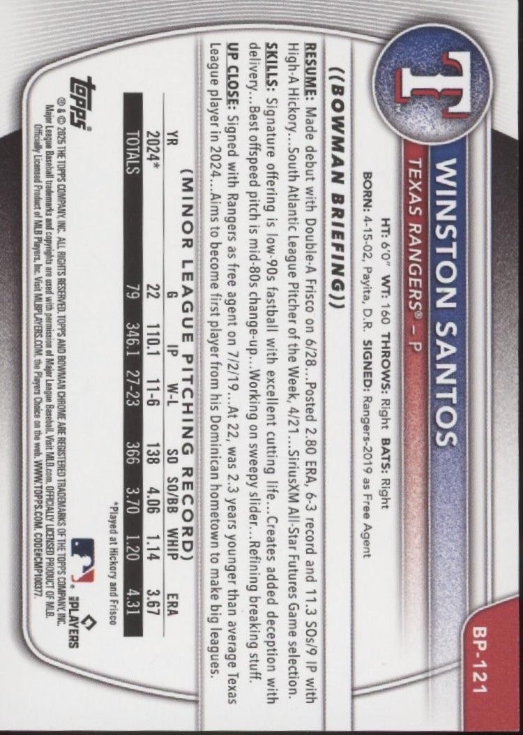Winston Santos 2025 Bowman Prospects Orange 07/25 #BP-121、Collector Store LLC、kayou