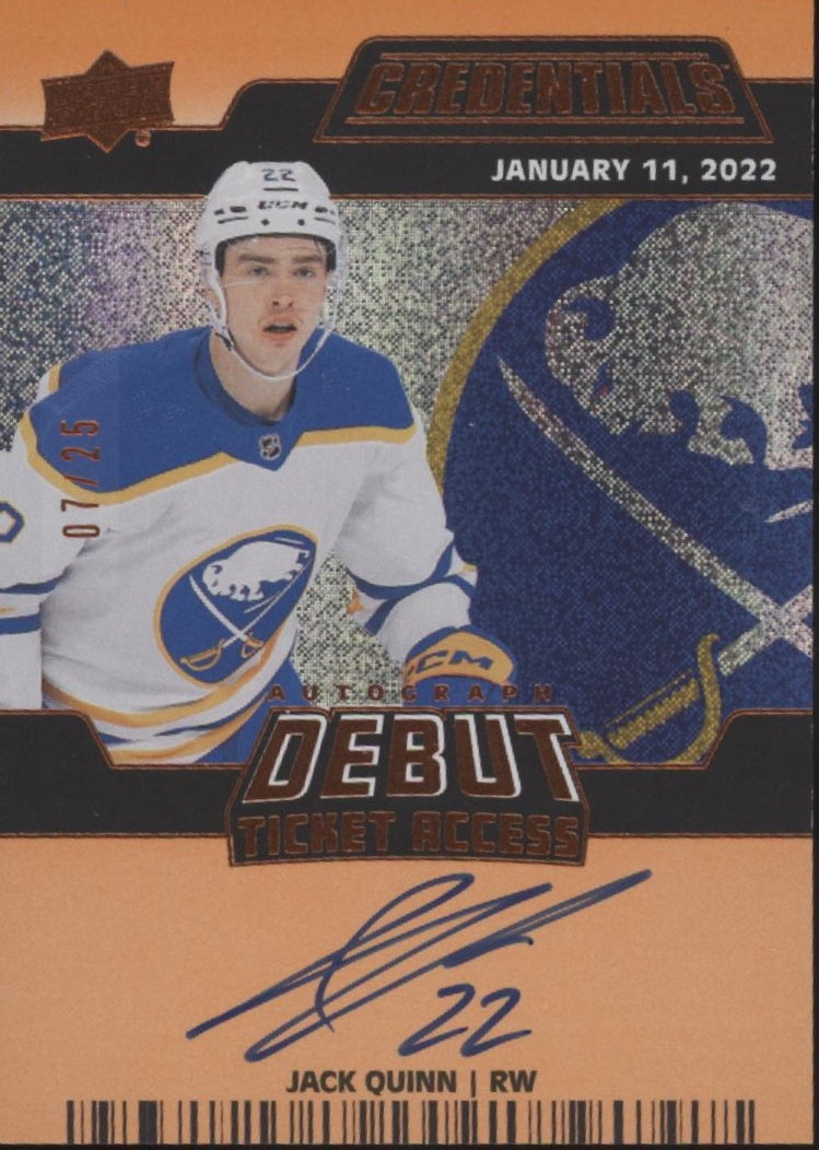 Jack Quinn 2022-23 Upper Deck Credentials Debut Ticket Access Orange Auto 07/25、Collector Store LLC、kayou