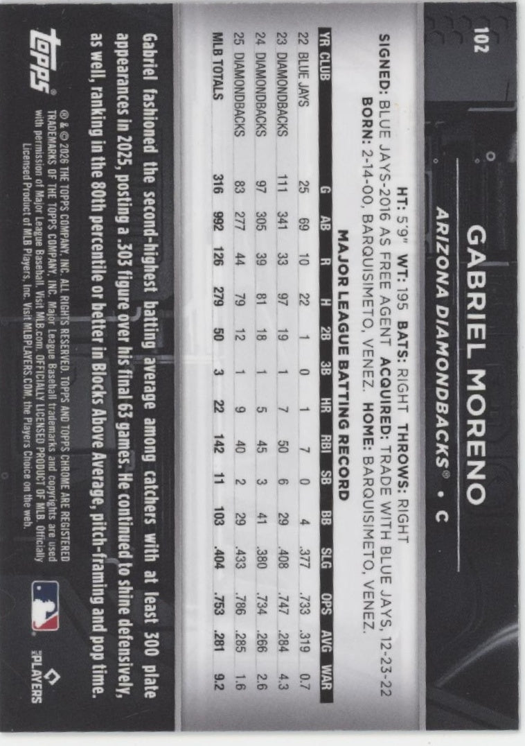 Gabriel Moreno 2026 Topps Chrome Black Mini Diamond Refractor 05/10 #102、Collector Store LLC、kayou
