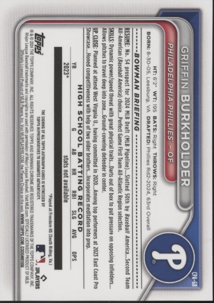 Griffin Burkholder 2024 Bowman Chrome Auto #CPA-GB、Collector Store LLC、kayou