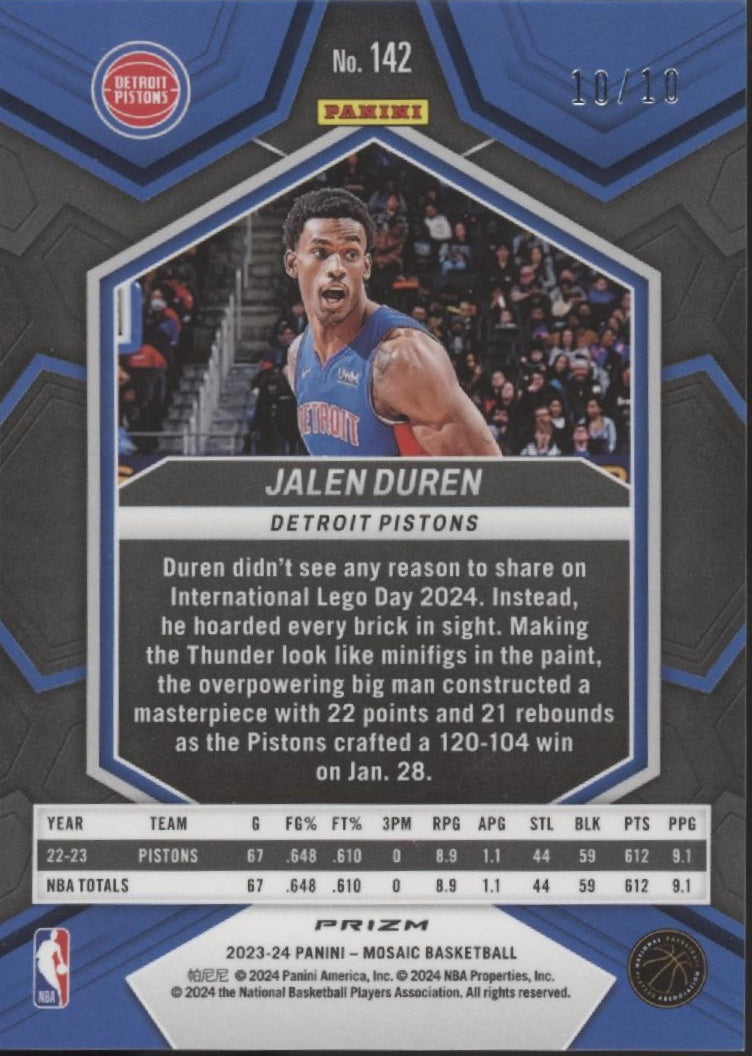 Jalen Duren 2023-24 Panini Mosaic Pink Fluorescent Prizm 10/10 #142、Collector Store LLC、kayou