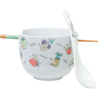 Pokemon: Pikachu Fruit Script - Ceramic Ramen Bowl w/Chopsticks & Spoon (20oz)、Silver Buffalo、kayou