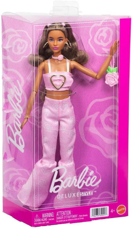Deluxe Style Barbie 13.25-Inch Doll #12, Pink Denim Crop Top with Matching Rose Print Flare Jeans、ToyWiz、kayou