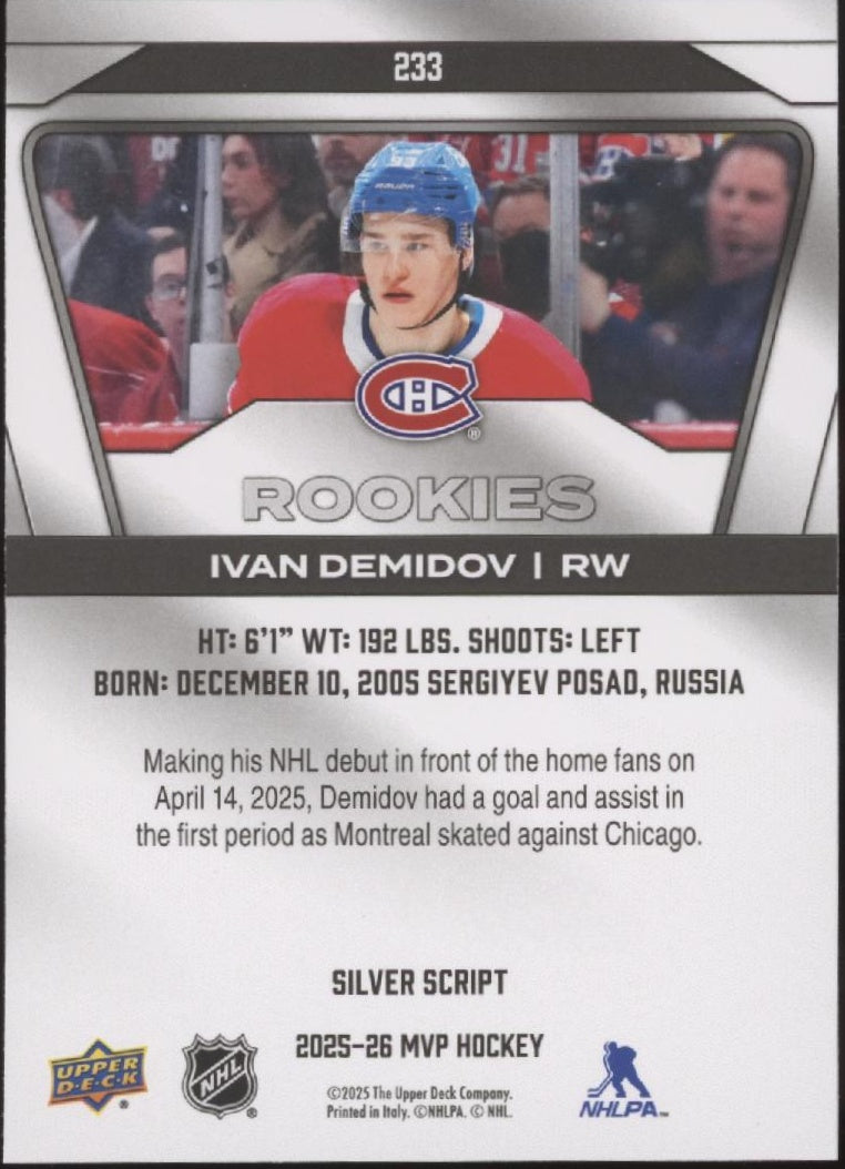 Ivan Demidov 2025-26 Upper Deck MVP Silver Script RC #233、Collector Store LLC、kayou