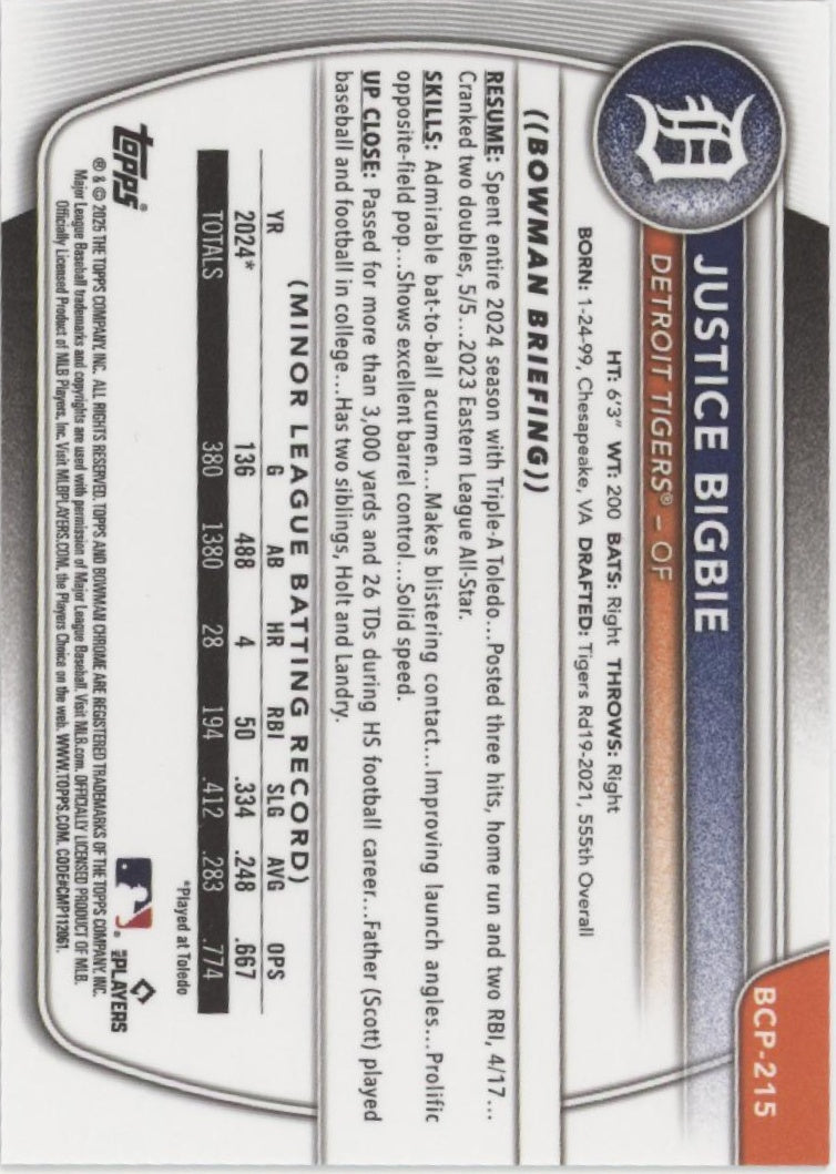Justice Bigbie 2025 Bowman Chrome Prospects Orange Scale Refractor 24/25、Collector Store LLC、kayou