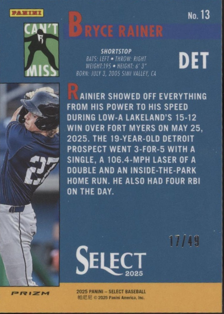 Bryce Rainer 2025 Panini Select Can't Miss Prizm 17/49 #13、Collector Store LLC、kayou