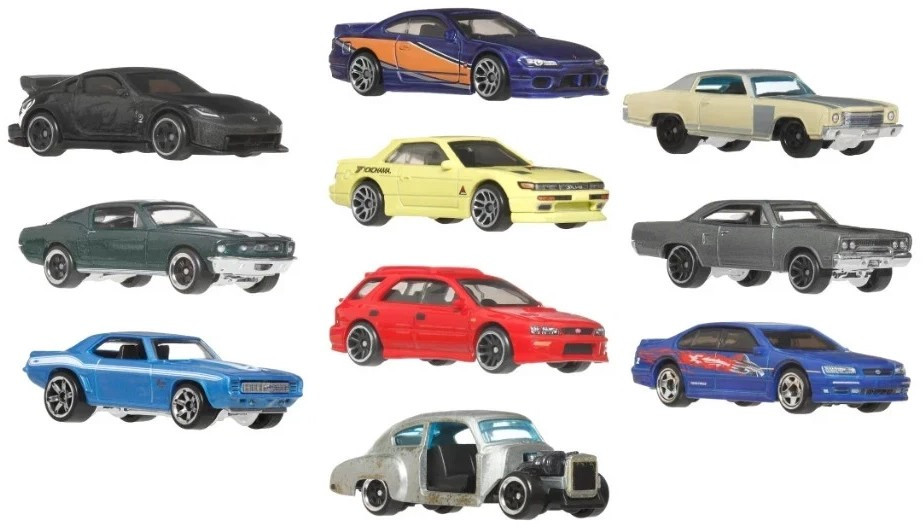 Hot Wheels 25 Years of Fast & Furious Silver Series '67 Custom Mustang, Nissan 350Z Custom, Nissan Silvia (S15 & S13), '70 Monte Carlo, '70 Road Runner, '99 Subaru Impreza, Chevy Fleetline, 69 Camaro & '99 Nissan Maxima Die Cast Car 10-Pack、ToyWiz、kayou