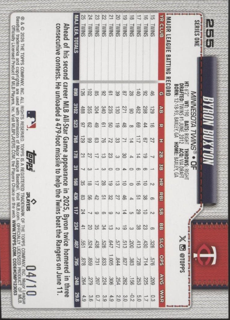 Byron Buxton 2026 Topps Series 1 Black Sandglitter 04/10 #255、Collector Store LLC、kayou