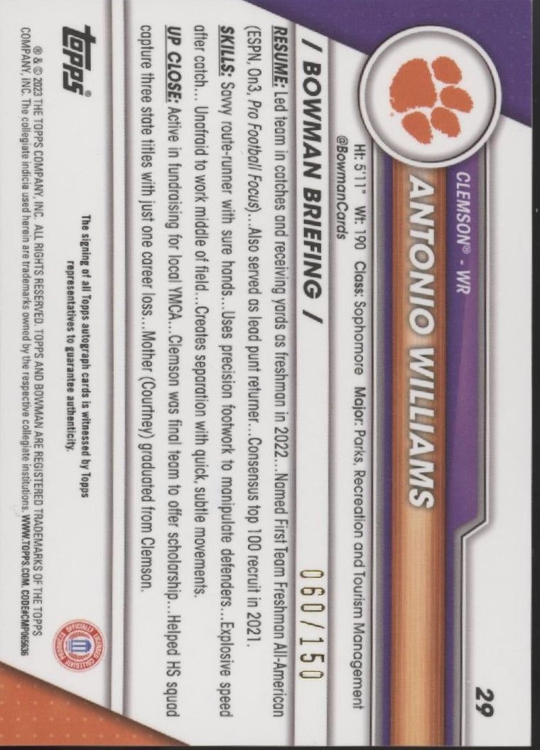 Antonio Williams 2023 Chrome University Fuchsia Mini Diamond Refractor Auto /150、Collector Store LLC、kayou