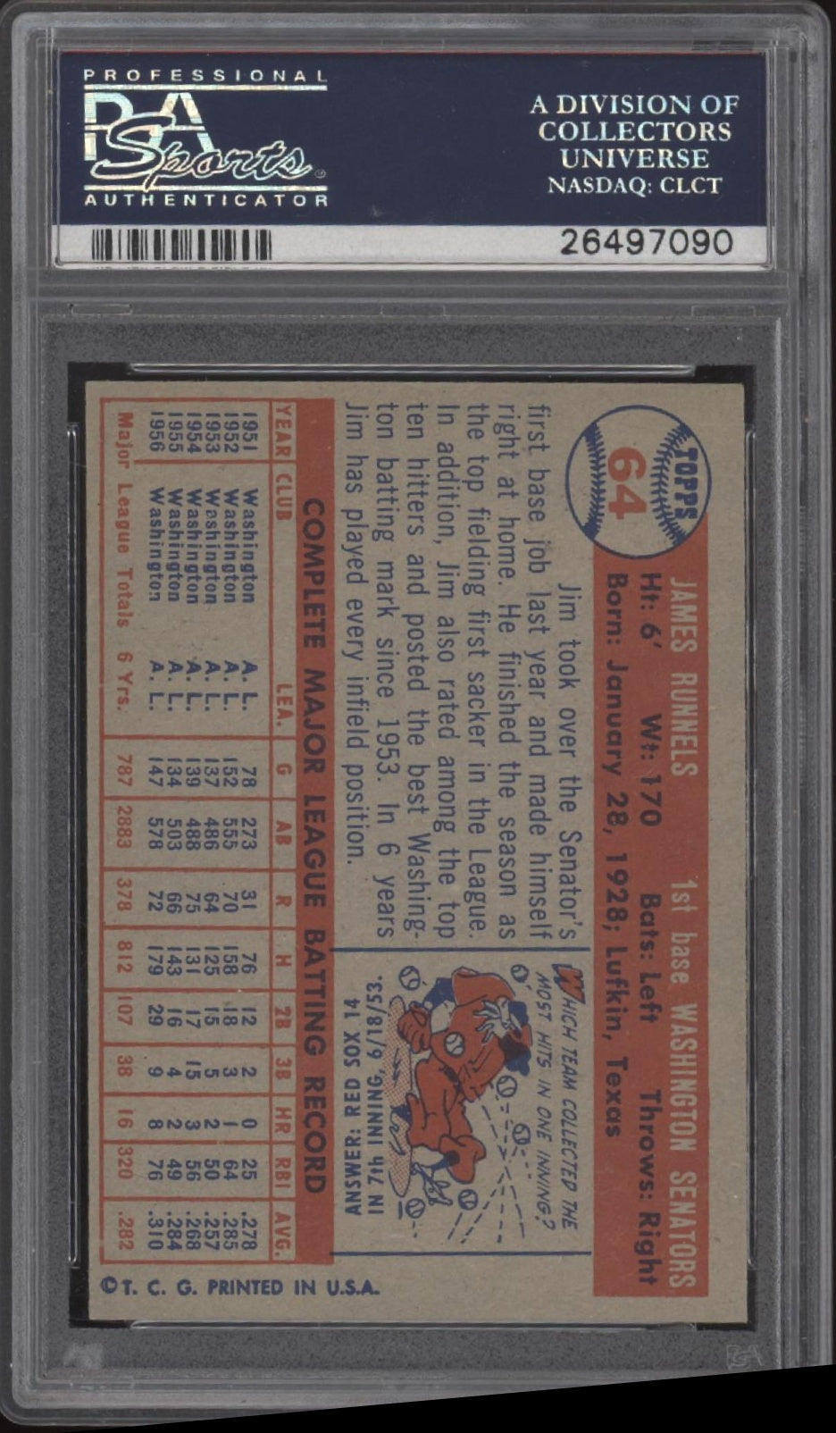 Pete Runnels 1957 Topps #64 PSA 7、Collector Store LLC、kayou