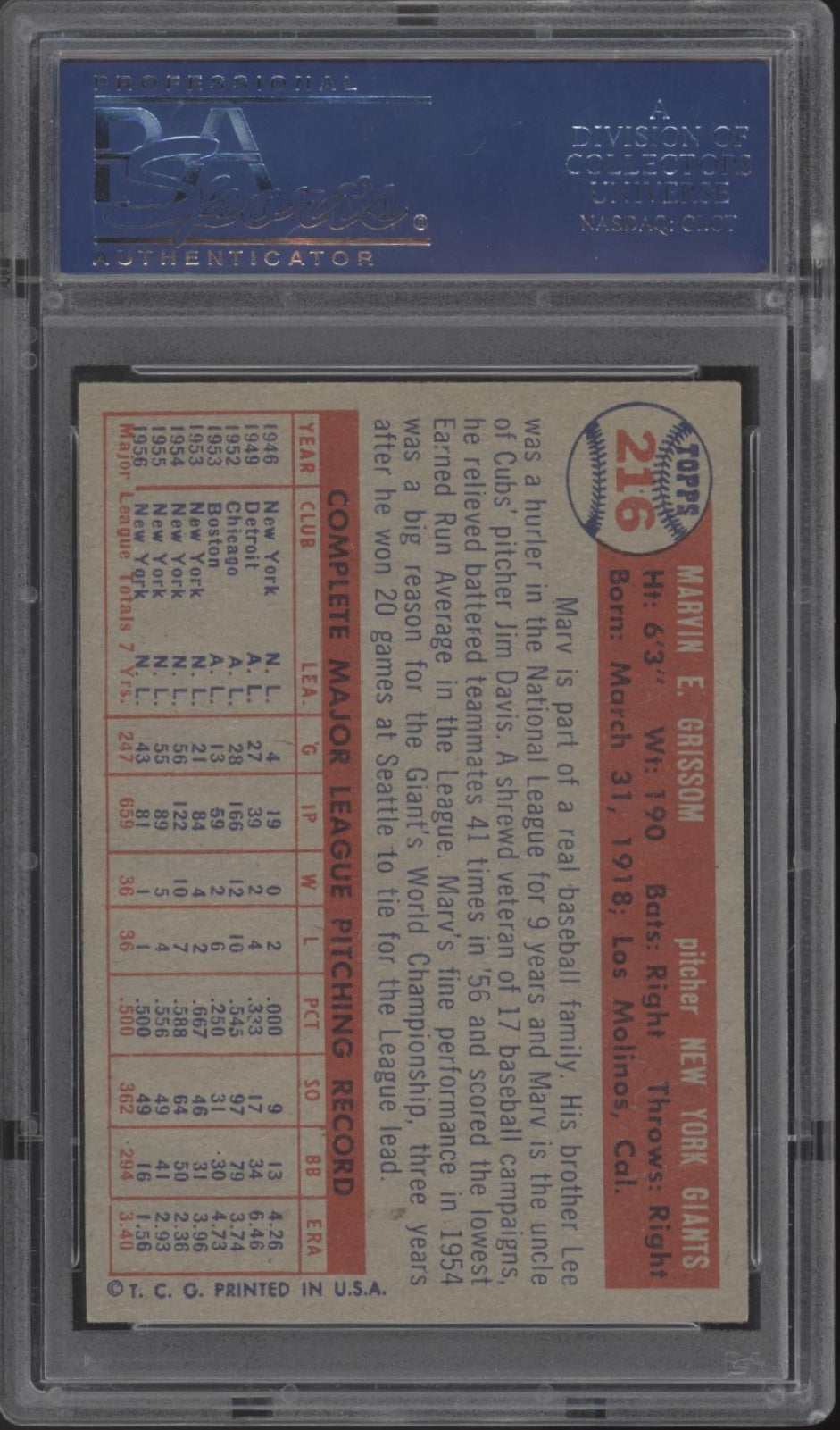 Marv Grissom 1957 Topps #216 PSA 7、Collector Store LLC、kayou