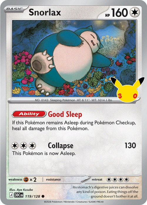 Pokemon Trading Card Game 30th Celebration Common Snorlax #119、ToyWiz、kayou