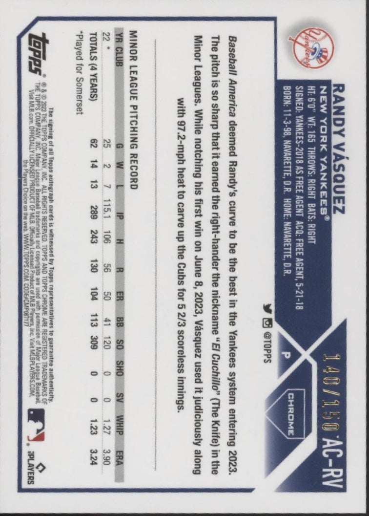 Randy Vasquez 2023 Topps Chrome Blue Refractor RC Auto 140/150 #AC-RV、Collector Store LLC、kayou