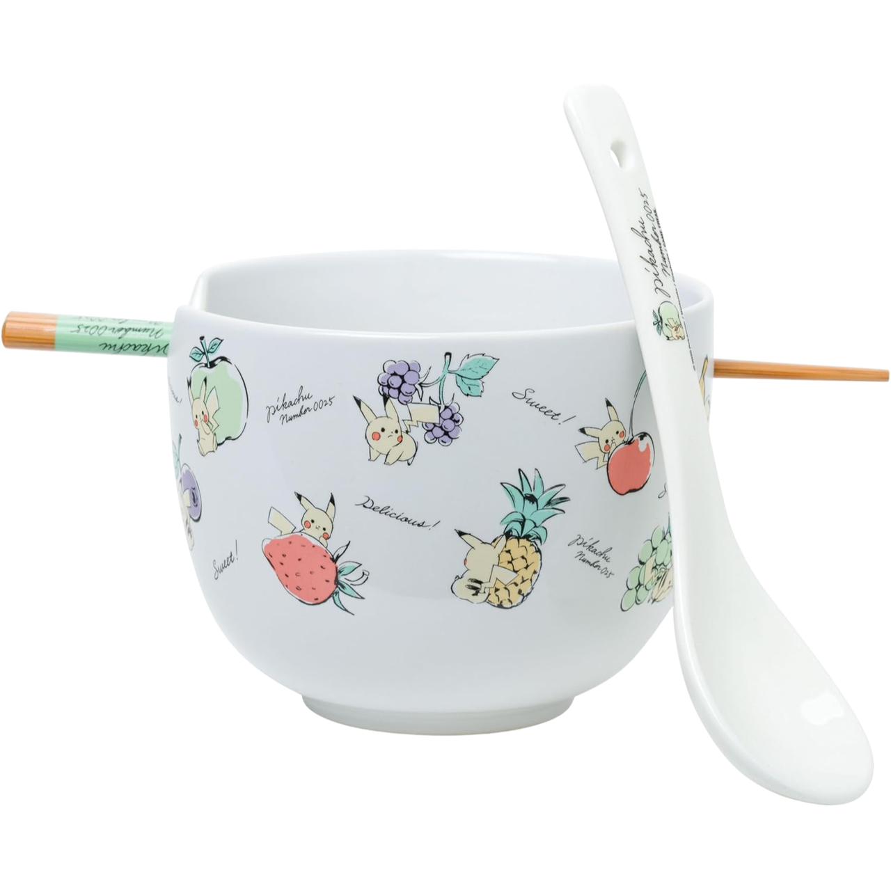 Pokemon: Pikachu Fruit Script - Ceramic Ramen Bowl w/Chopsticks & Spoon (20oz)、Silver Buffalo、kayou