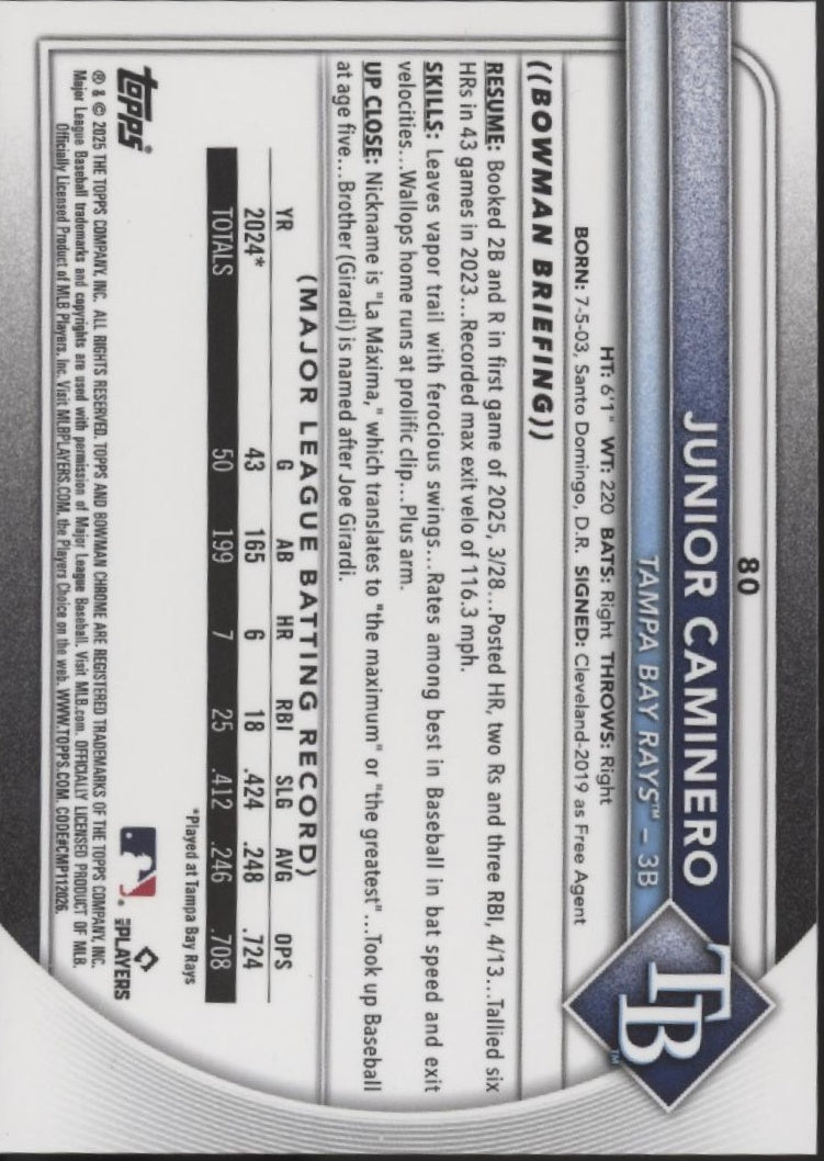 Junior Caminero 2025 Bowman Chrome Orange Cracked Ice Refractor 14/25 #80、Collector Store LLC、kayou