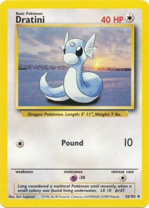 Pokemon Base Set Uncommon Dratini #26 Shadowless Moderately Played、ToyWiz、kayou