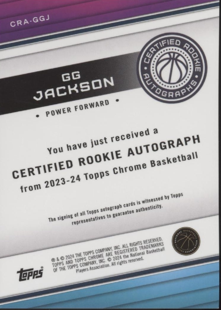 GG Jackson 2023-24 Topps Chrome Certified Rookie RC Auto #CRA-GGJ、Collector Store LLC、kayou