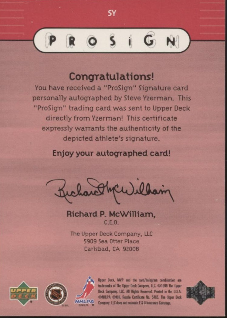 Steve Yzerman 1999 Upper Deck MVP Pro Sign Auto #SY、Collector Store LLC、kayou