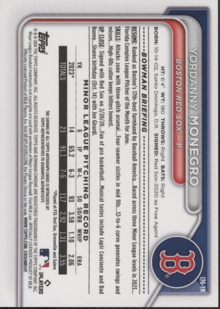 Yordanny Monegro 2024 Bowman Chrome Auto #CPA-YM、Collector Store LLC、kayou