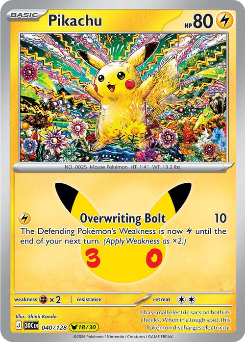 Pokemon Trading Card Game 30th Celebration Pika Rare Pikachu #40、ToyWiz、kayou
