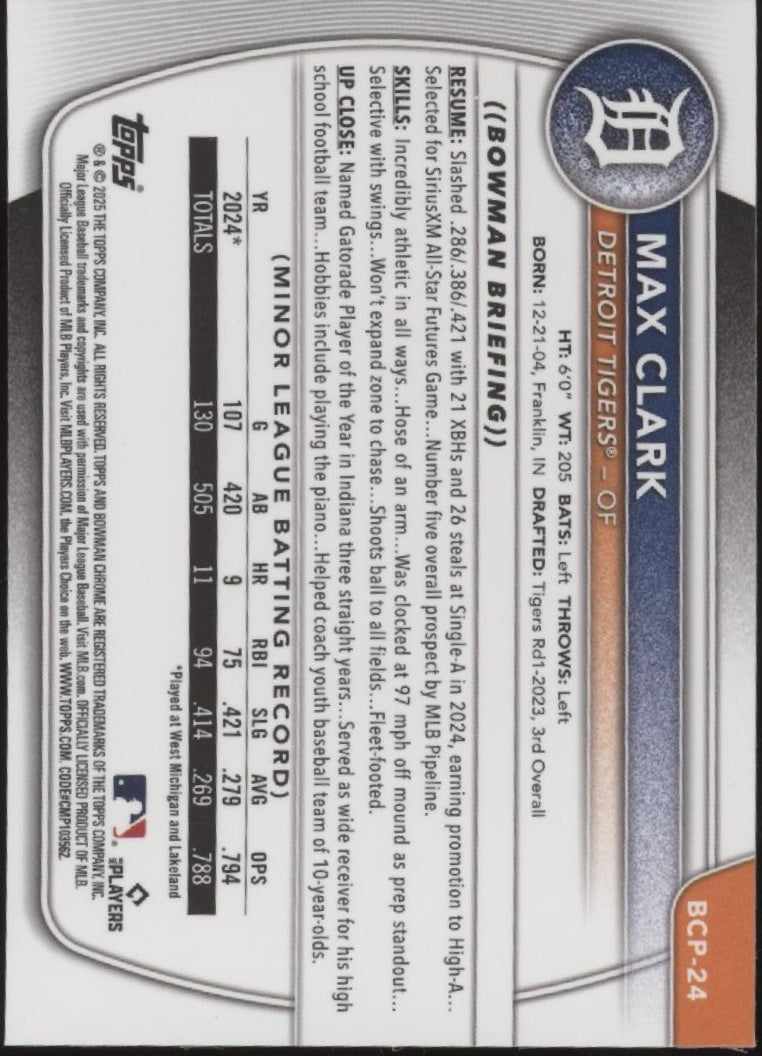 Max Clark 2025 Bowman Chrome Prospects Aqua Mojo Refractor 093/125 #BCP-24、Collector Store LLC、kayou