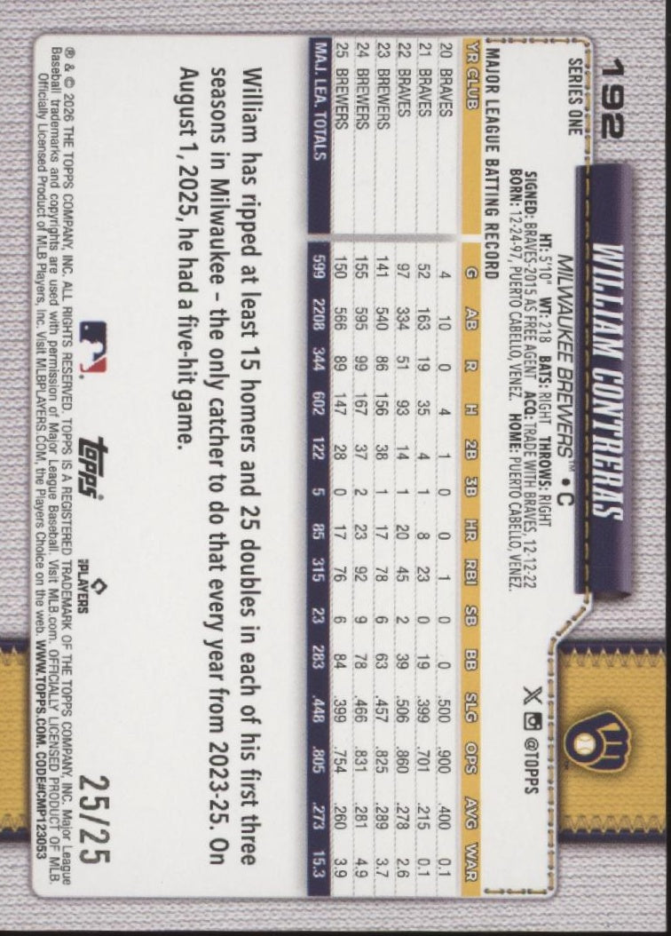 William Contreras 2026 Topps Series 1 Orange Diamante Foil 25/25 #192、Collector Store LLC、kayou