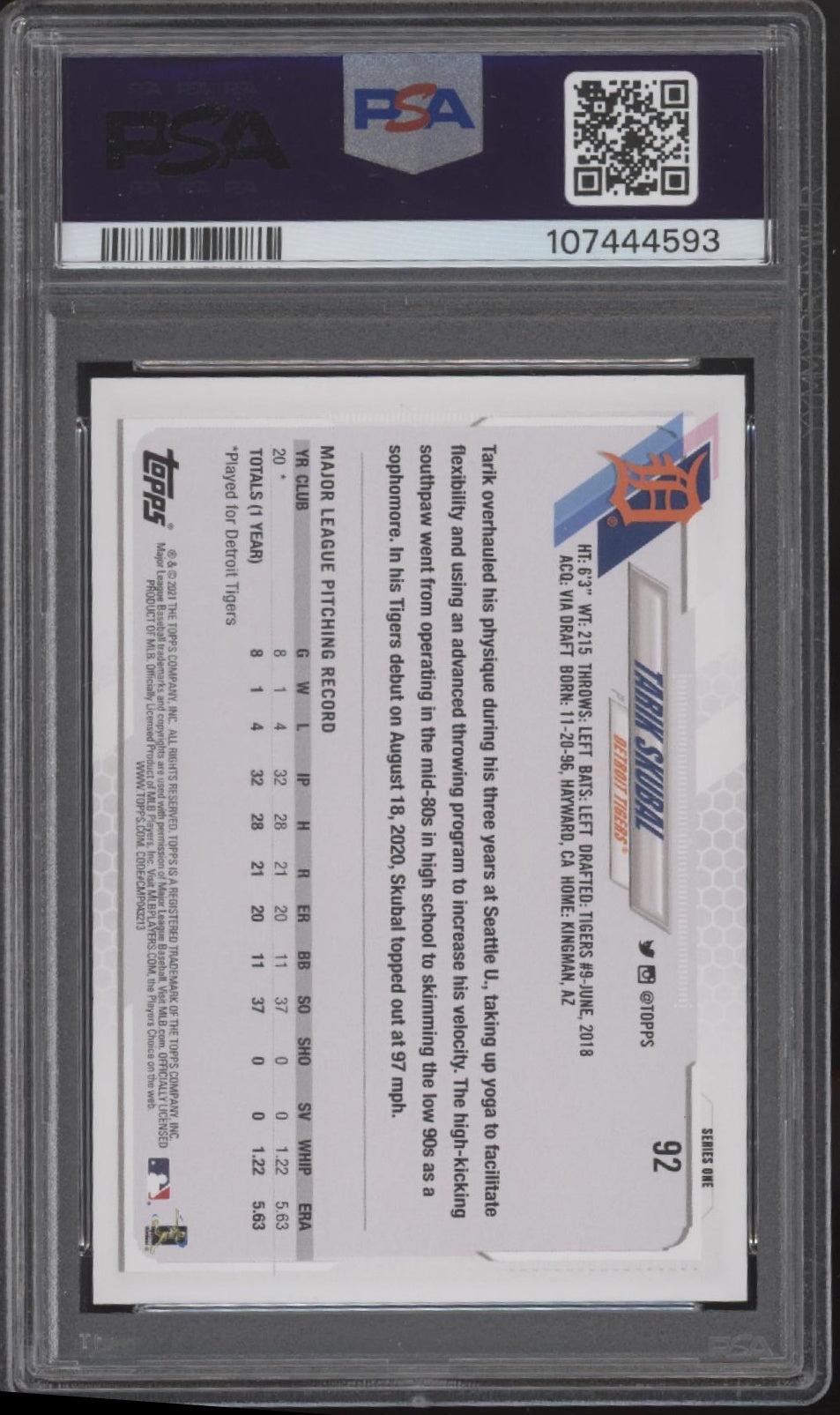 Tarik Skubal 2021 Topps Series 1 RC #92 PSA 9 #3、Collector Store LLC、kayou