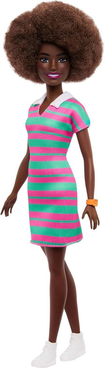 Fashionistas Barbie 13.25-Inch Doll Curly Black Hair, Pink & Green Striped Collared Dress, Damaged Package、ToyWiz、kayou
