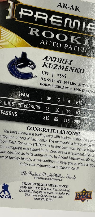 Andrei Kuzmenko 2022-23 Upper Deck Premier Swatch RC Auto 06/99 #AR-AK、Collector Store LLC、kayou