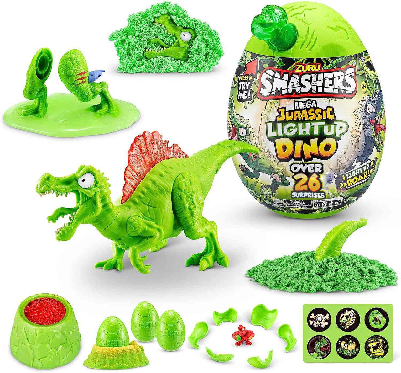 Smashers Jurassic Light Up Dino Spinosaurus MEGA Mystery Egg GREEN,Over 26 Surprises!、ToyWiz、kayou