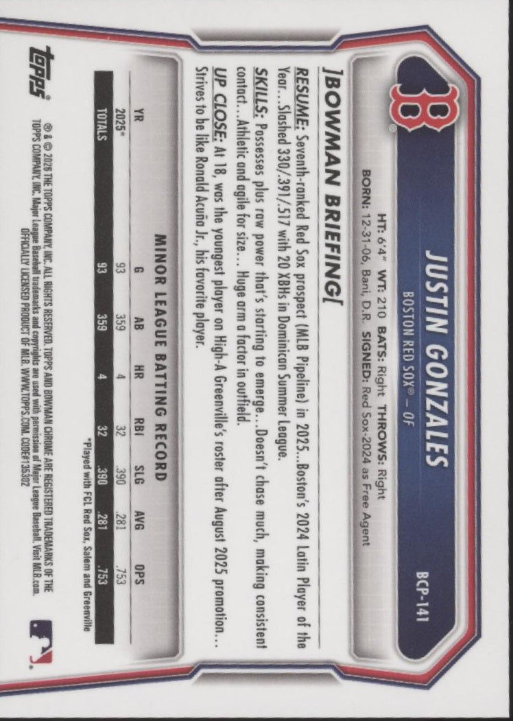 Justin Gonzales 2026 Bowman Chrome Reptilian Refractor #BCP-141、Collector Store LLC、kayou