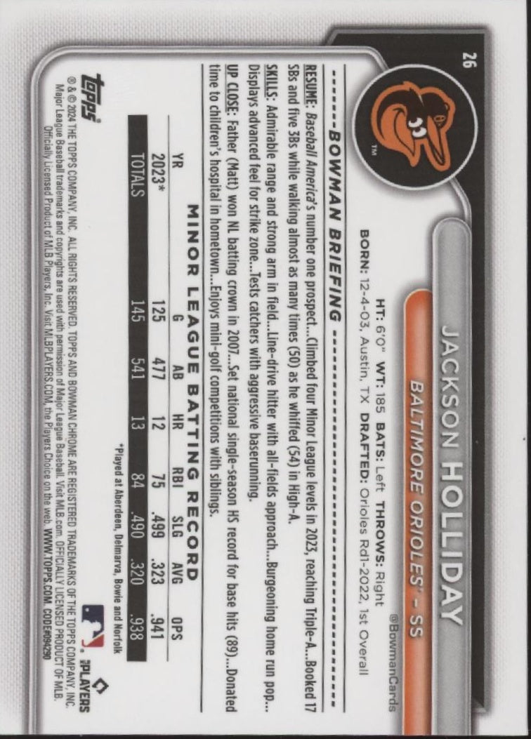 Jackson Holliday 2024 Bowman Chrome Purple Mojo Refractor RC 029/250 #26、Collector Store LLC、kayou