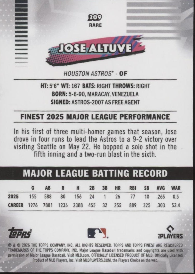 Jose Altuve 2026 Topps Finest Gold Checkerboard Refractor 10/50 #209、Collector Store LLC、kayou
