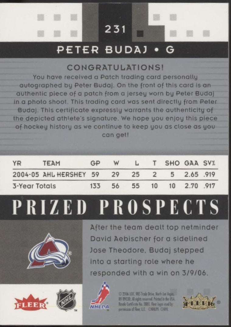 Peter Budaj 2005-06 Fleer Hot Prospects Swatch Auto 303/349 #231、Collector Store LLC、kayou