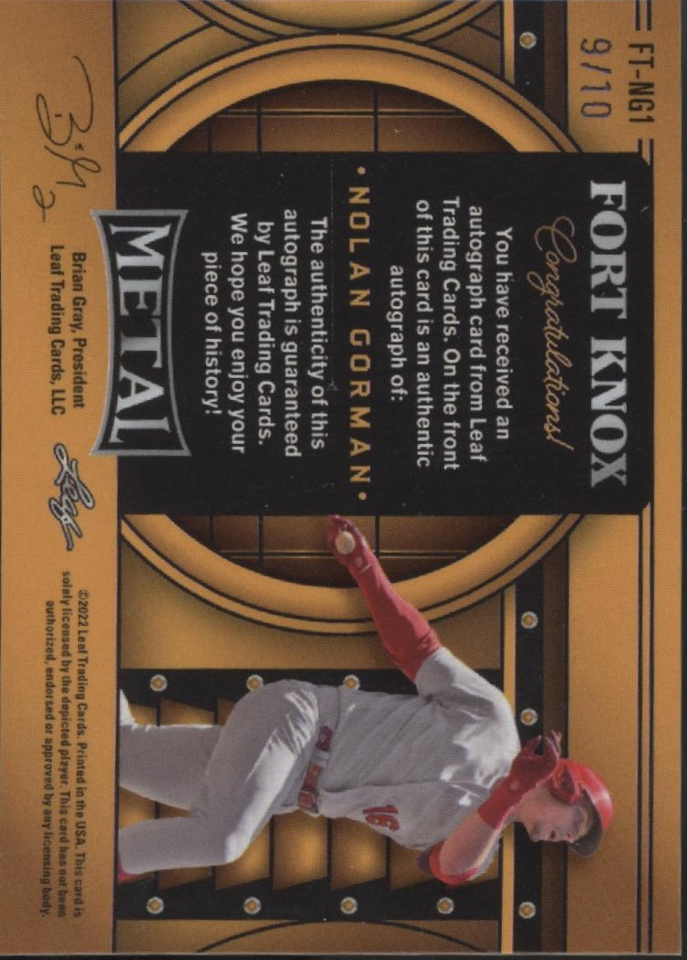 Nolan Gorman 2022 Leaf Metal Fort Knox Auto 9/10 #FT-NG1、Collector Store LLC、kayou