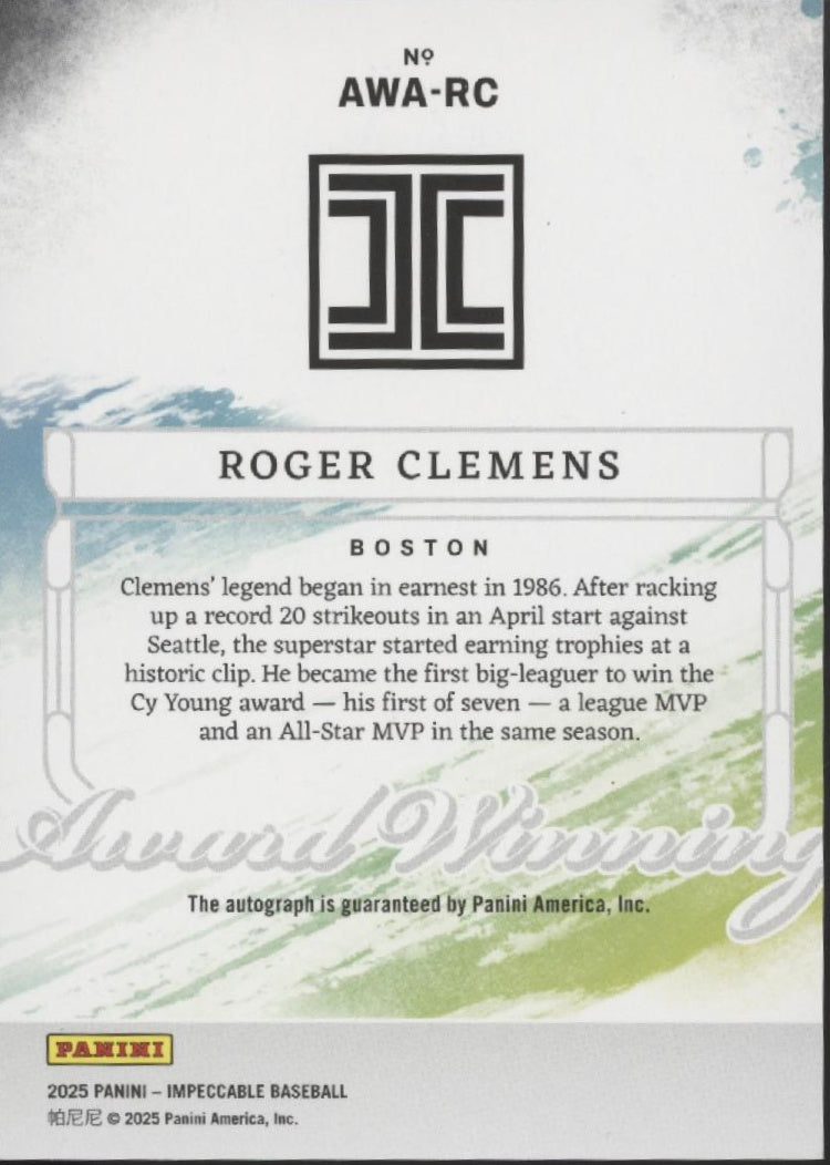 Roger Clemens 2025 Panini Impeccable Award Winning Auto 18/25 #AWA-RC、Collector Store LLC、kayou