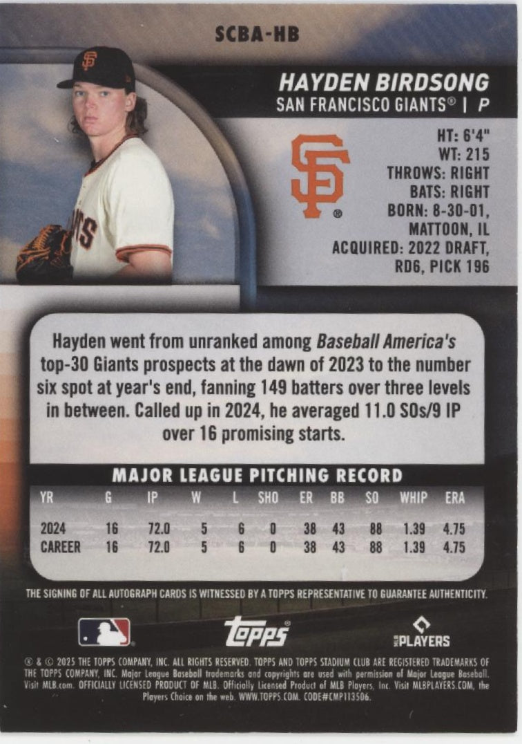 Hayden Birdsong 2025 Topps Stadium Club Yellow RC Auto #SCBA-HB、Collector Store LLC、kayou