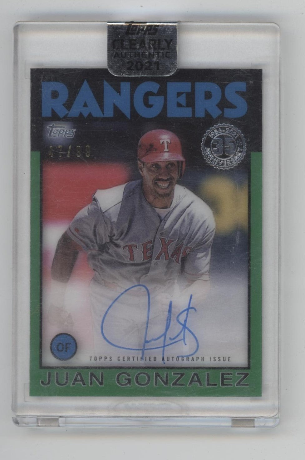 Juan Gonzalez 2021 Topps Clearly Authentic Green Auto 47/99 #86TBA-JG、Collector Store LLC、kayou