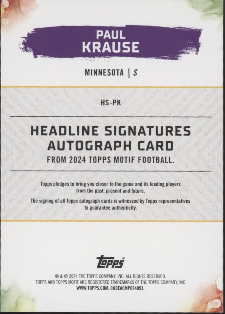 Paul Krause 2024 Topps Motif Headline Signatures Blue Auto 07/20 #HS-PK、Collector Store LLC、kayou