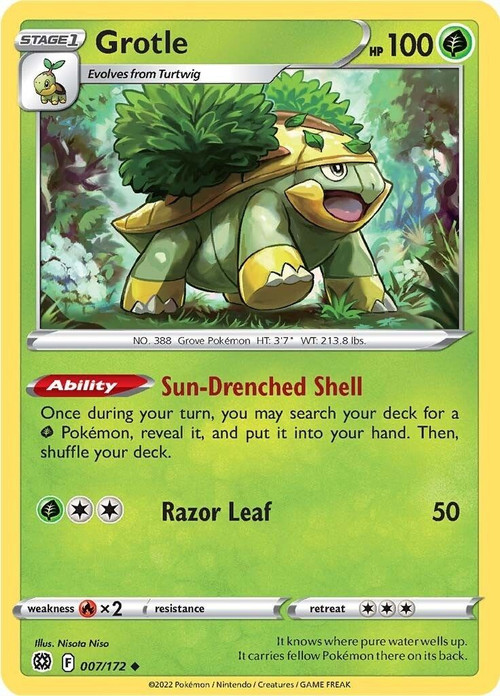 Pokemon Trading Card Game Sword & Shield Brilliant Stars Uncommon Grotle #7 Reverse Holo Lightly Played、ToyWiz、kayou
